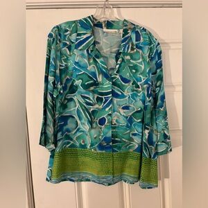 Green & Teal Patterned Button-Down Blouse